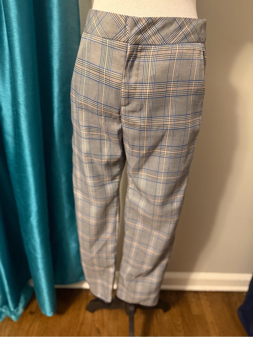 Blue Plaid High-Waisted Trousers